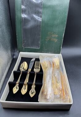 VINTAGE Rare Kenwood Golden Natchez Flatware 24k Gold 20 Piece Set In Box 31D